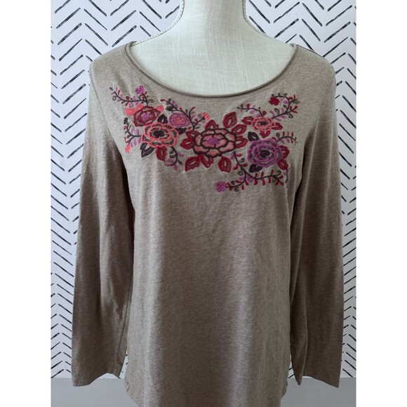 Garnet Hill Brown Long Sleeve Floral Embroidered Blouse Women's Size Medium - Picture 1 of 6